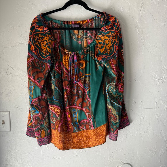 Hale Bob Silk Blend Bohemian Paisley Print Long Sleeve Blouse Top Women's Silk S - Picture 1 of 8